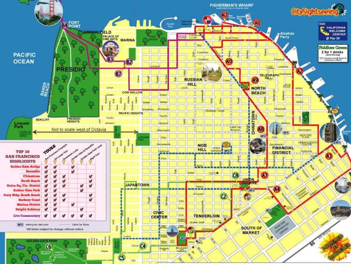 地图的观光城市旧金山的路线