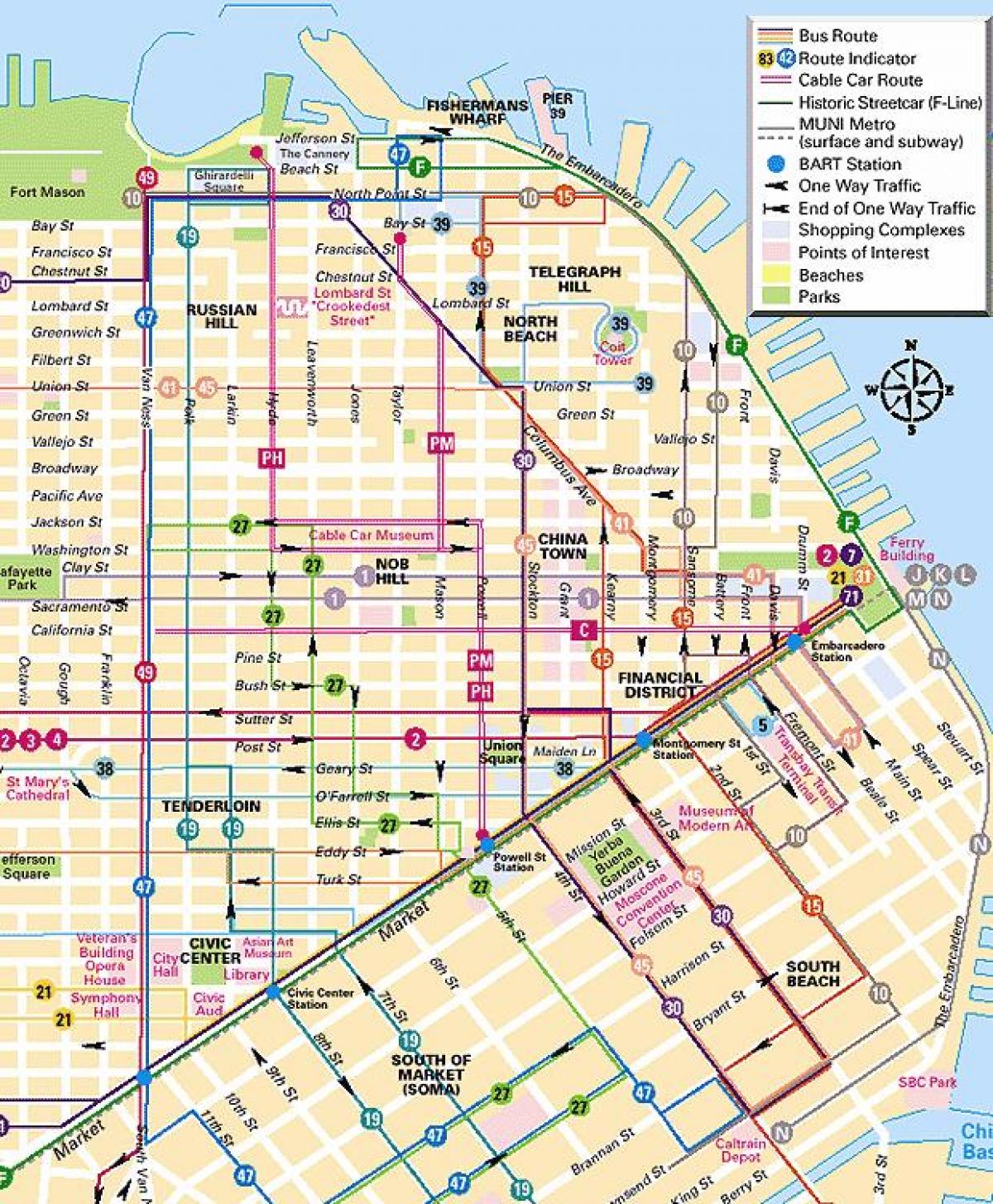 缆车旧金山的地图