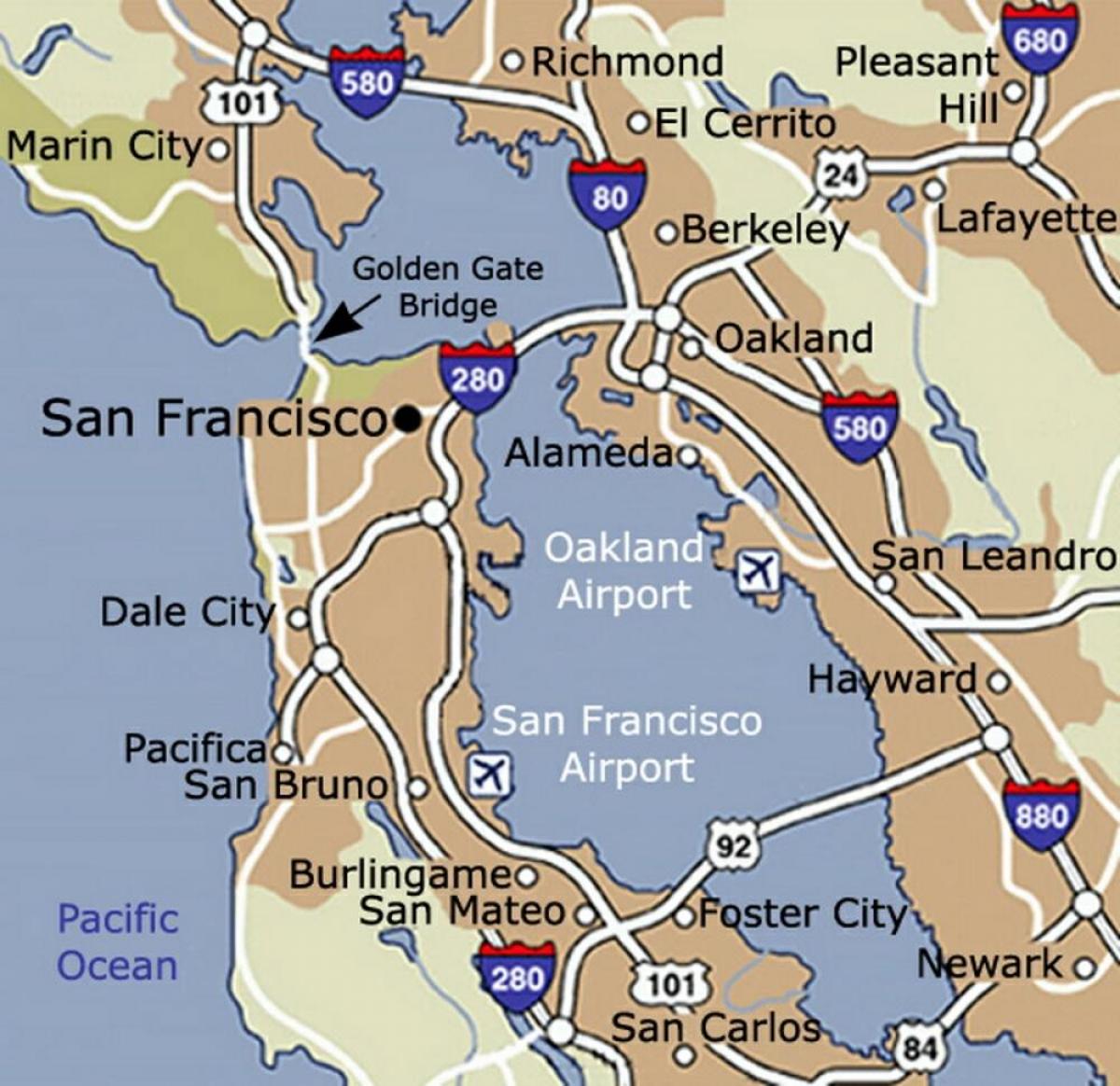 地图的旧金山的机场和周边地区
