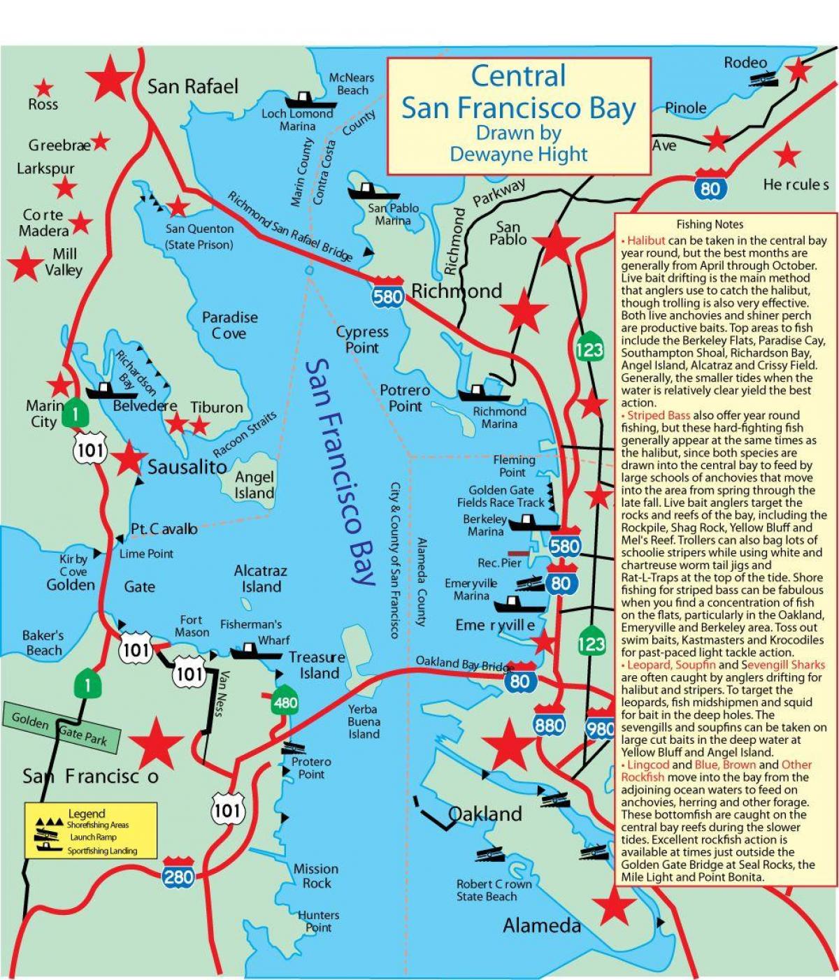 地图的旧金山海湾钓鱼 