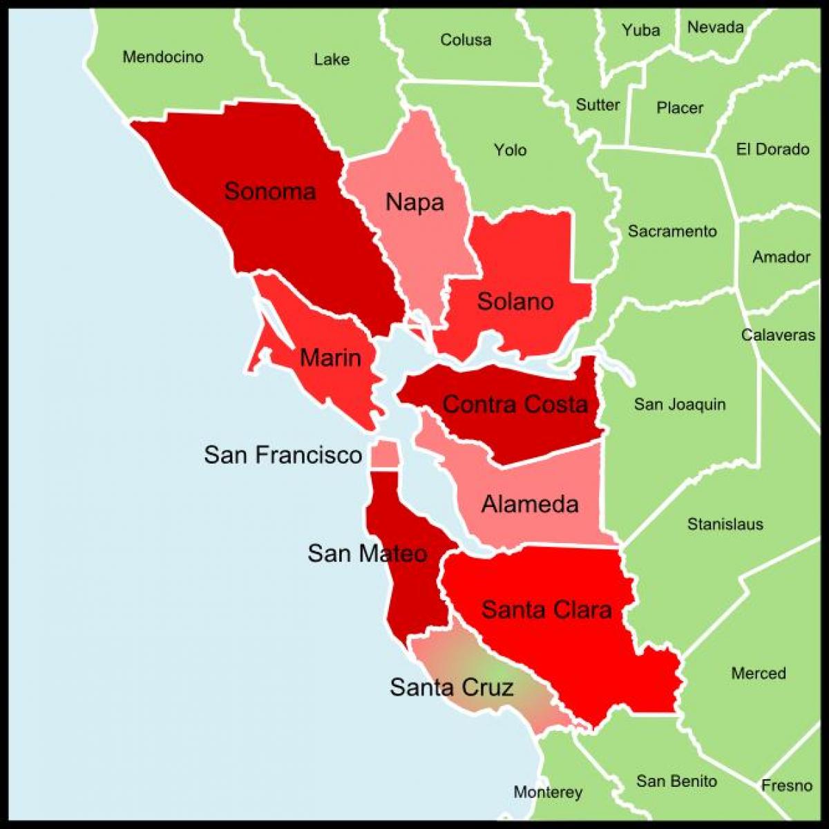 旧金山海湾地区县的地图